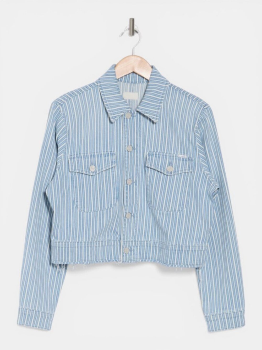 MOTHER Crop Striped Denim Jacket Frayed Hem Stretch Blue White Medium